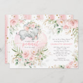 Invitation Chic Blush Gold Floral Elephant Baby shower fille (Devant / Derrière)