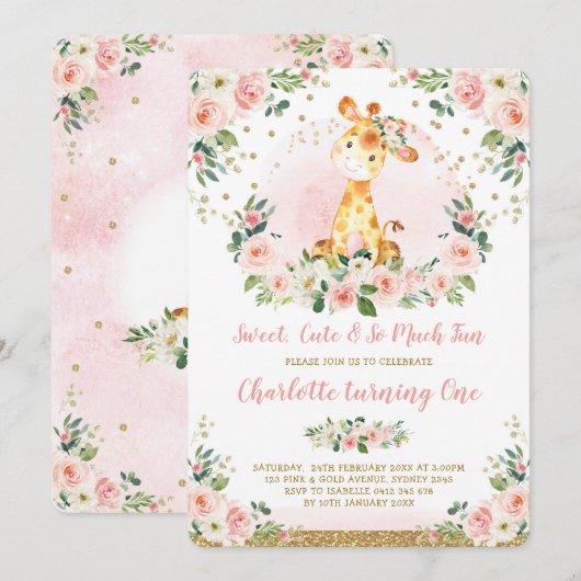 Invitation Chic Blush Gold Floral Giraffe 1ère fête d'anniver (Devant / Derrière)