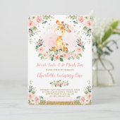 Invitation Chic Blush Gold Floral Giraffe 1ère fête d'anniver (Debout devant)