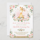Invitation Chic Blush Gold Floral Giraffe 1ère fête d'anniver (Devant)