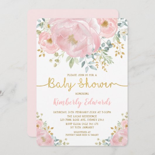 Invitation Chic Blush Gold Watercolor Flower Baby shower fill (Devant / Derrière)
