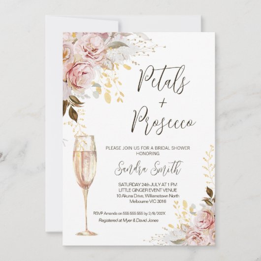 Invitation Chic Blush Petals Prosecco QR Code Fête des mariée (Devant)