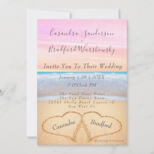 Invitation Chic Blush Pink Beach Mariage 2 Coeurs dans le sab (Devant)