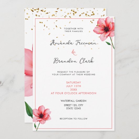 Invitation Chic Blush Pink Floral Confetti Frame Wedding (Devant / Derrière)