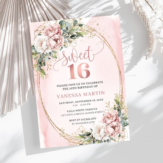 Invitation Chic Blush Pink Floral Eucalyptus Sweet 16 Invite
