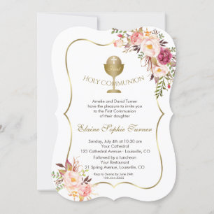Invitation Chic Blush Pink Floral Gold Chalice Holy Communion