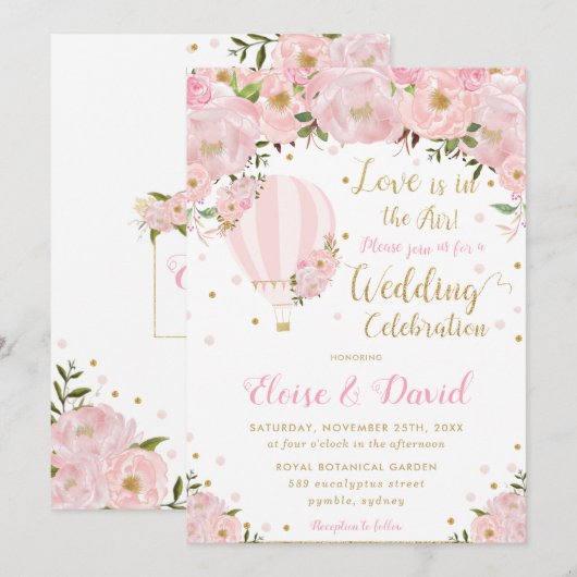 Invitation Chic Blush Pink Floral Hot Air Balloon Mariage (Devant / Derrière)