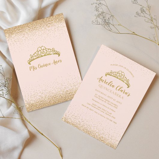 Invitation Chic Blush Pink Gold Parties scintillant Tiara Qui