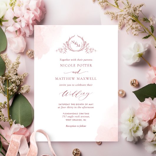Invitation Chic Blush rose Aquarelle Taches Monogramme Mariag