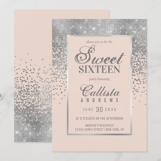 Invitation Chic Blush rose argent Parties scintillant Confett (Devant / Derrière)