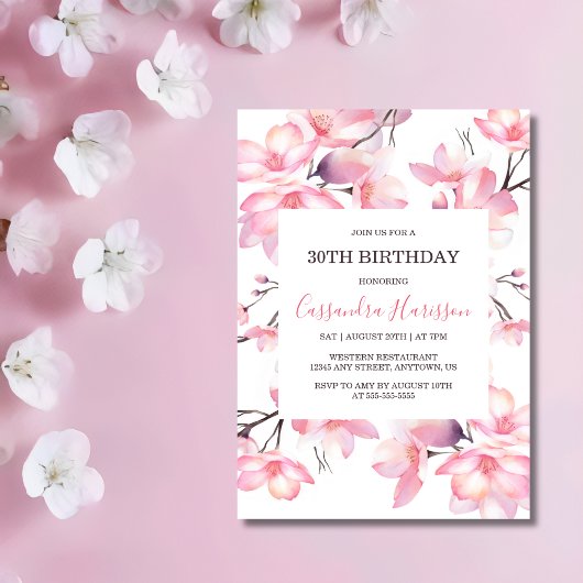 Invitation Chic Blush rose cerisier Fleur Botanique Anniversa