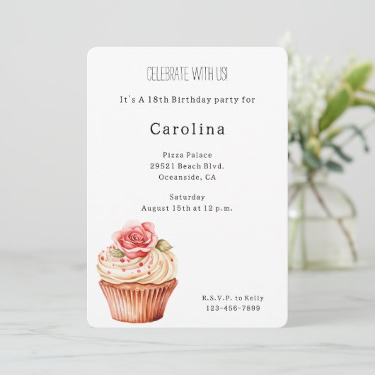 Invitation Chic Blush Rose Cupcake Anniversaire (Debout devant)