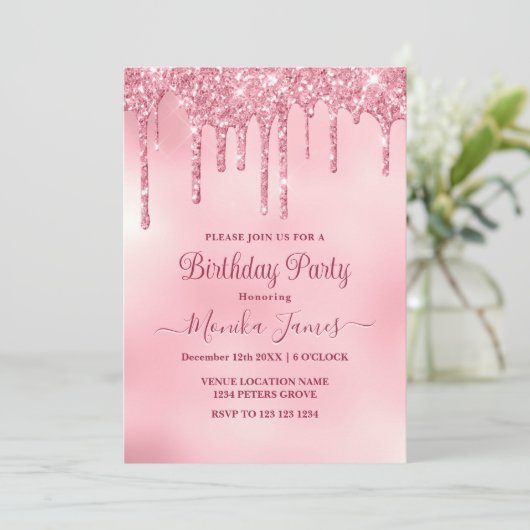 Invitation Chic Blush rose Éperche Parties scintillant Drithd (Debout devant)
