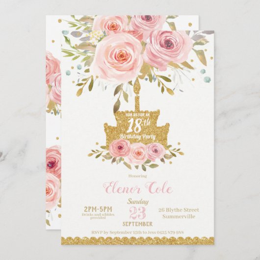 Invitation Chic Blush rose floral 18e anniversaire gâteau (Devant / Derrière)