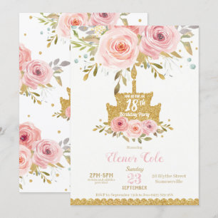 Invitation Chic Blush rose floral 18e anniversaire gâteau