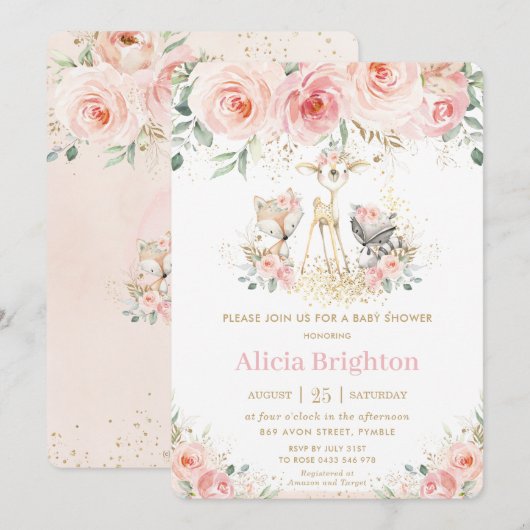 Invitation Chic Blush rose Floral Baby shower Fille Bois (Devant / Derrière)