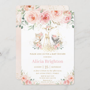 Invitation Chic Blush rose Floral Baby shower Fille Bois