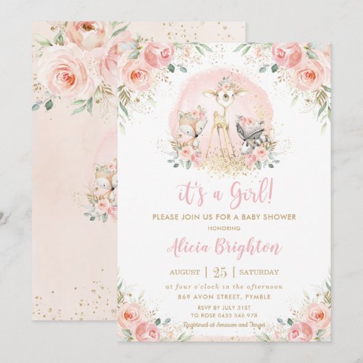 Invitation Chic Blush rose Floral Baby shower Fille Bois (Devant / Derrière)
