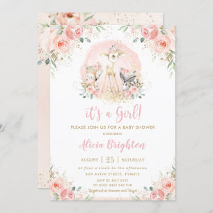 Invitation Chic Blush rose Floral Baby shower Fille Bois