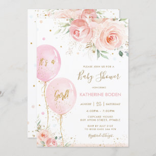 Invitation Chic Blush rose Floral Ballons Baby shower Or