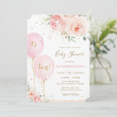 Invitation Chic Blush rose Floral Balloons Baby shower jumeau (Debout devant)