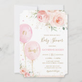 Invitation Chic Blush rose Floral Balloons Baby shower jumeau (Devant)