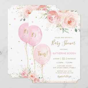 Invitation Chic Blush rose Floral Balloons Baby shower jumeau