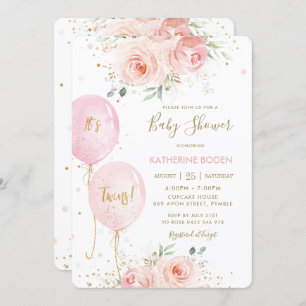 Invitation Chic Blush rose Floral Balloons Baby shower jumeau