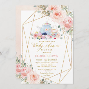 Invitation Chic Blush Rose Floral High Tea Baby shower