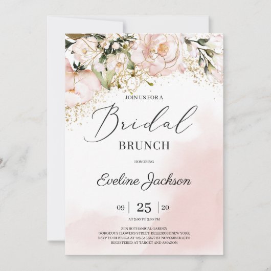 Invitation Chic Blush rose floral or boho brunch nuptial (Devant)