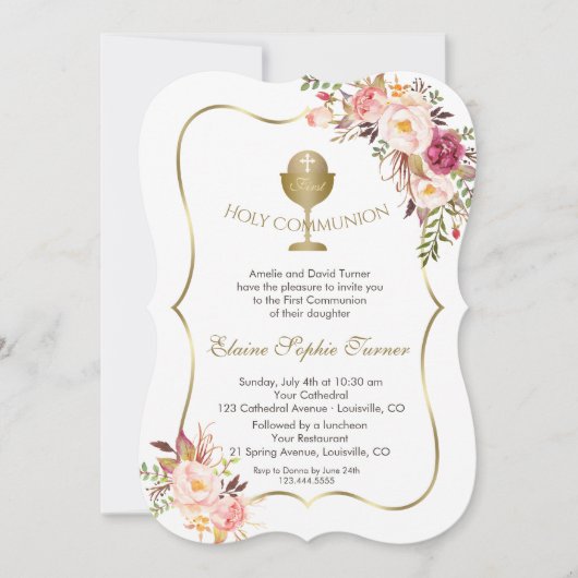 Invitation Chic Blush Rose Floral or Chalice Sainte Communion (Devant)