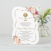 Invitation Chic Blush Rose Floral or Chalice Sainte Communion (Debout devant)