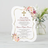 Invitation Chic Blush Rose Floral Or Première Communion Saint (Debout devant)