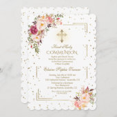 Invitation Chic Blush Rose Floral Or Première Communion Saint (Devant / Derrière)