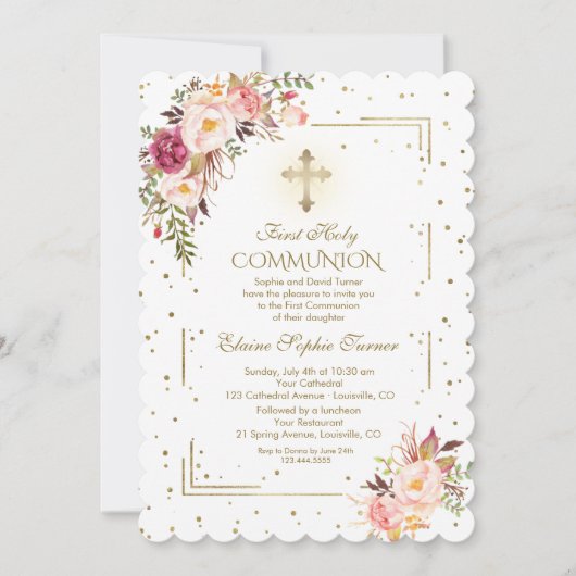 Invitation Chic Blush Rose Floral Or Première Communion Saint (Devant)