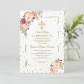 Invitation Chic Blush Rose Floral Or Première Communion Saint (Debout devant)