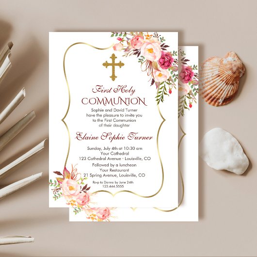 Invitation Chic Blush Rose Floral Or Première Communion Saint