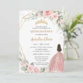 Invitation Chic Blush rose Floral Princesse Couronne Quinceañ (Debout devant)