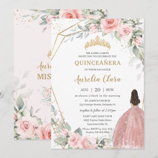 Invitation Chic Blush rose Floral Princesse Couronne Quinceañ (Devant / Derrière)