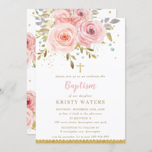 Invitation Chic Blush rose Floral Rose Feuilles d'or Baptême