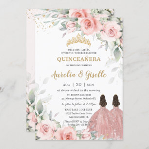 Invitation Chic Blush rose Floral Rose Gold Twins Quinceañera