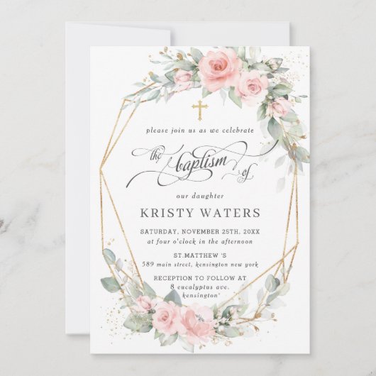 Invitation Chic Blush rose Floral Vert Baptême Géométrique (Devant)