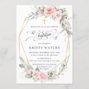 Invitation Chic Blush rose Floral Vert Baptême Géométrique