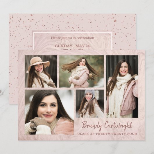 Invitation Chic Blush Rose Gold Marble Graduate 5-Photo (Devant / Derrière)