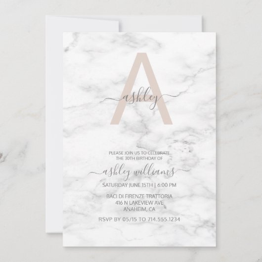 Invitation Chic Blush rose marbre Monogramme 30e anniversaire (Dos)