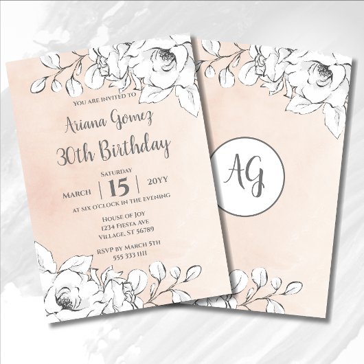 Invitation Chic Blush rose moderne blanc floral 30e anniversa