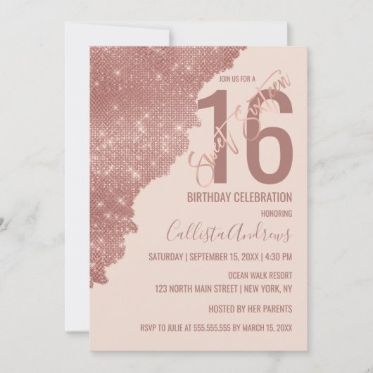 Invitation Chic Blush Rose Parties scintillant or Couleur Blo (Devant)