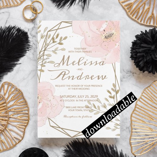 Invitation Chic Blush rose & Taupe Mariage floral romantique