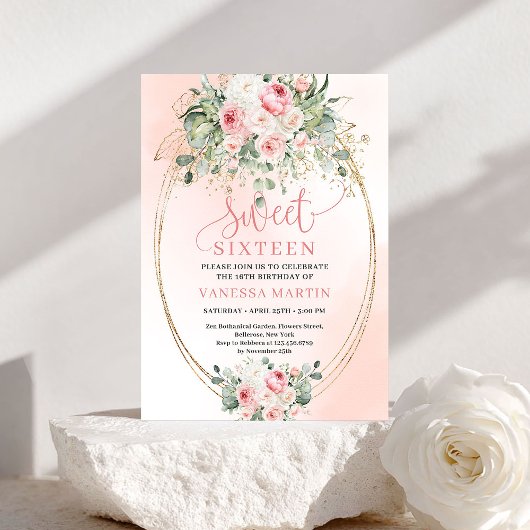 Invitation Chic Blush Roses Gold Floral 16th Birthday Card