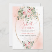 Invitation Chic Blush Roses Gold Floral 16th Birthday Card (Devant)